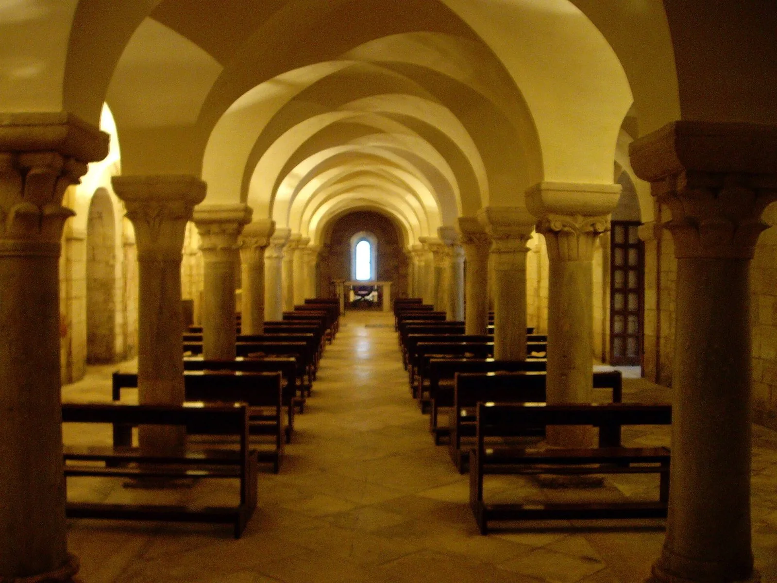Una cripta della Cattedrale di Trani: file di colonne con capitelli scolpiti reggono volte a crociera chiare, panche di legno ai lati e una piccola finestra ad arco sul fondo